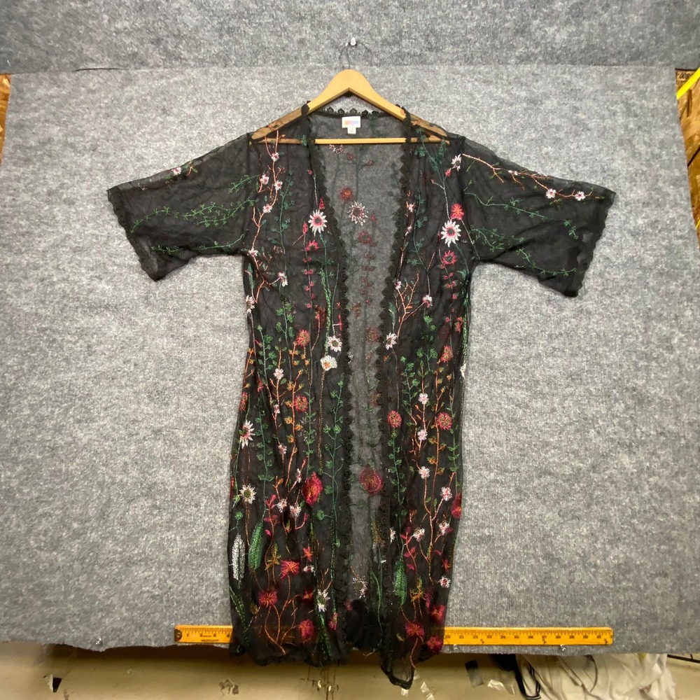 LuLaRoe‎ Shirley Kimono Small Black Mesh Floral Embroidered Open Front Wrap Lace